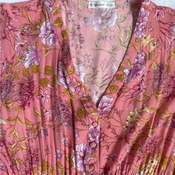 Pink Floral V-Neck Maxi Dress with Tie Waist - Picture 3 of 6